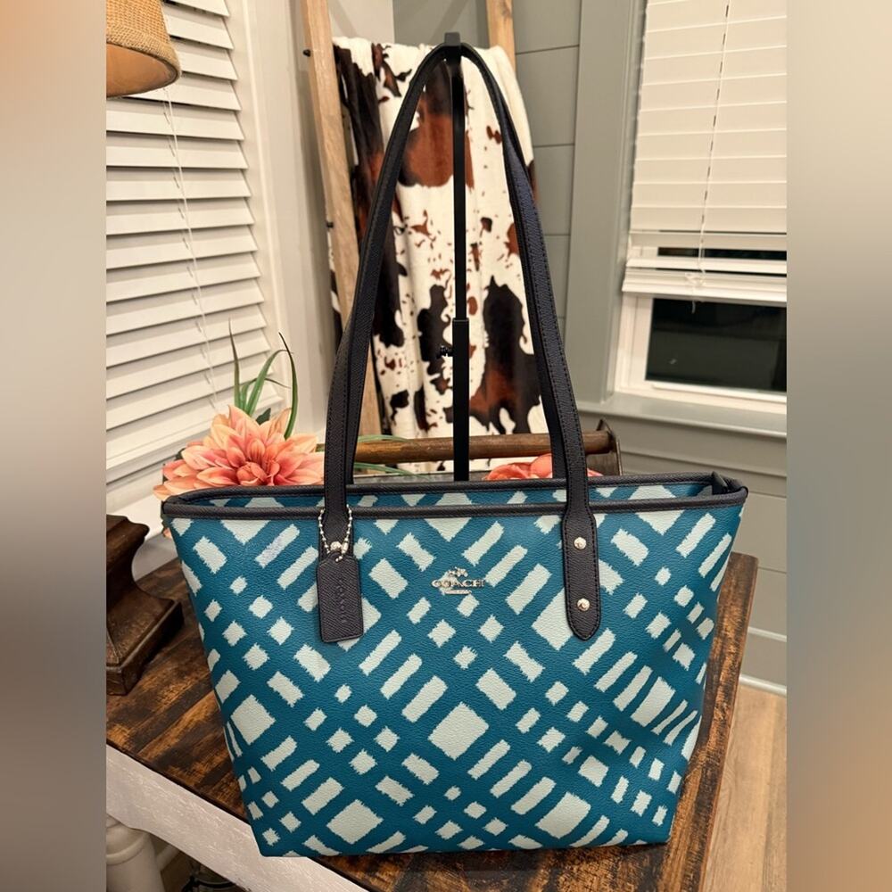 Coach City Teal Plaid Women's Tote